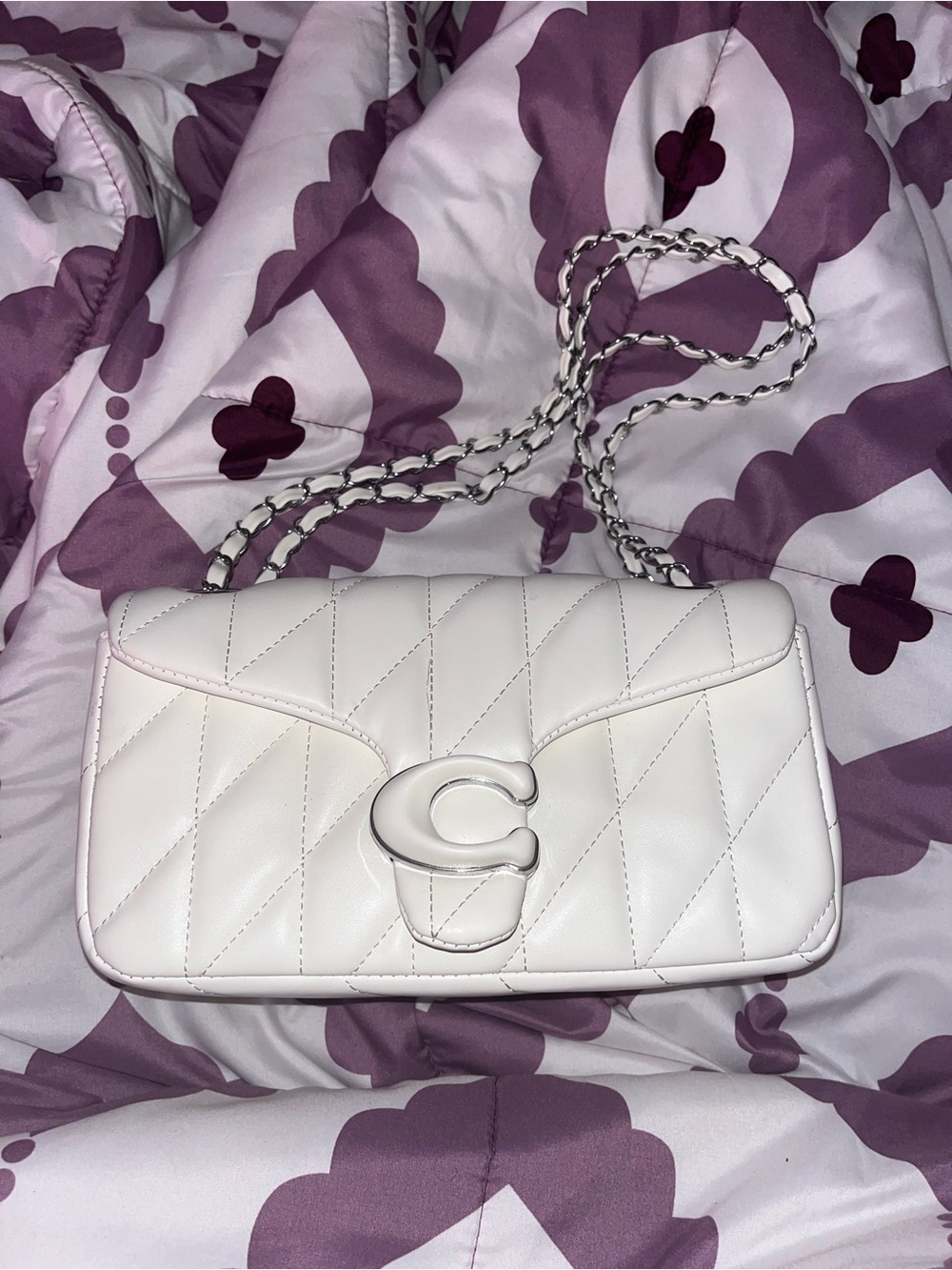 Coach Quilted Leather Shoulder Bag in White with Chain Strap